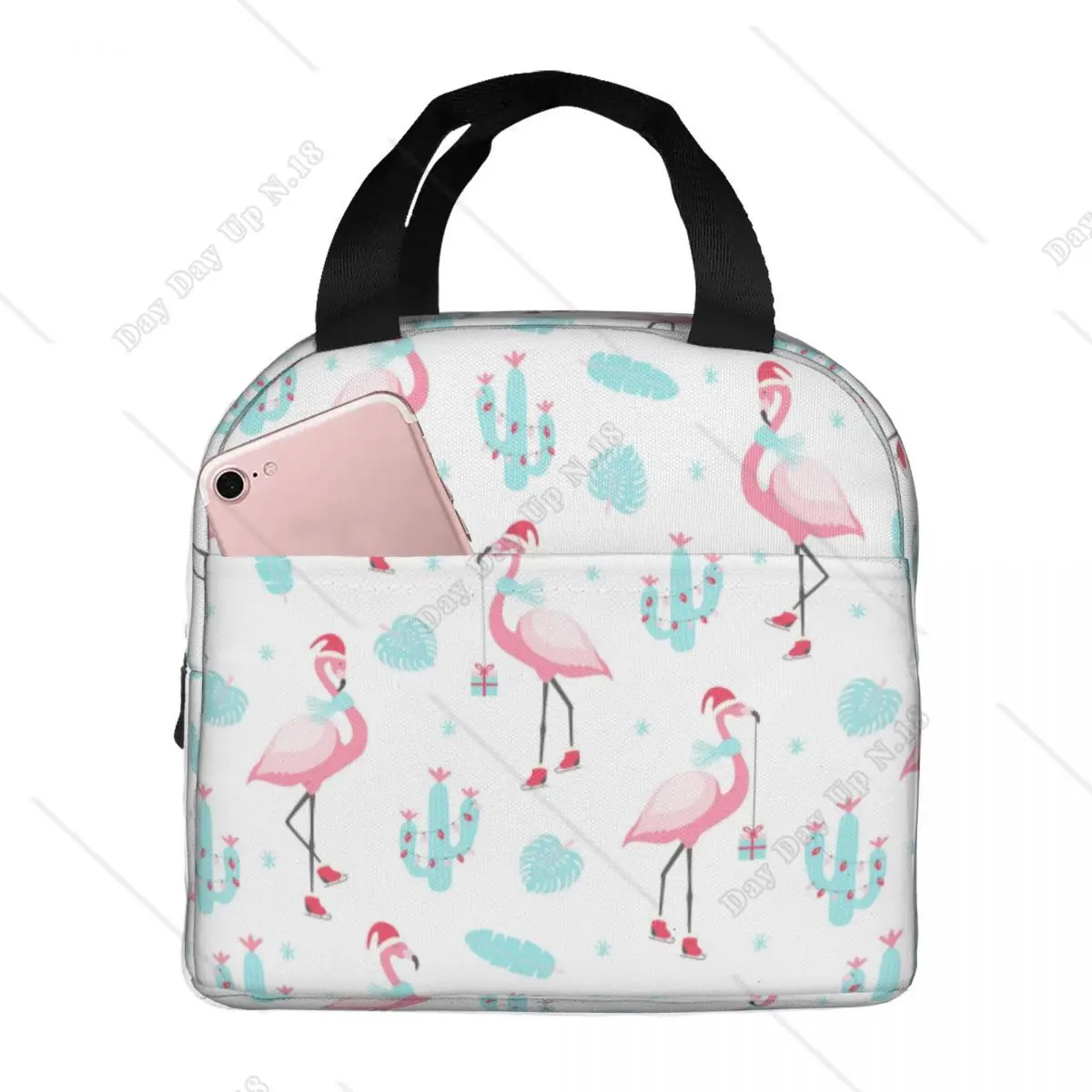 Christmas Flamingos Santa Hats Lunch Bags for Women Cooler Thermal Insulated Bento Box Outdoor Travel Food Picnic Storage Bag