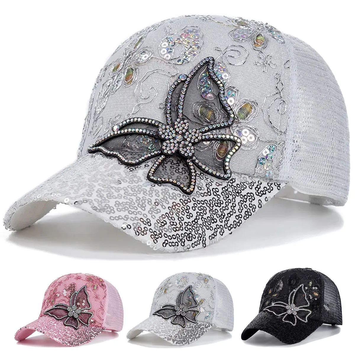 Unisex Butterfly lace glitter Baseball Net Caps Spring and Summer Outdoor Adjustable Casual Hats Sunscreen Hat