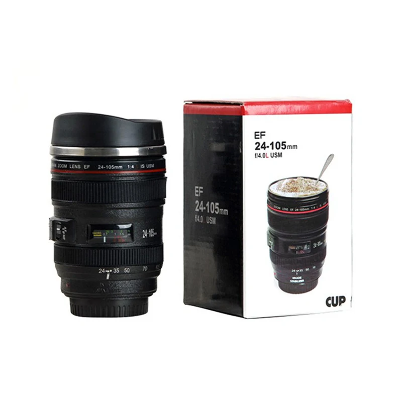 400/440ml Camera Lens Water Cup Coffee  Creative   Stainless Steel Liner SLR   Non-slip Insulation