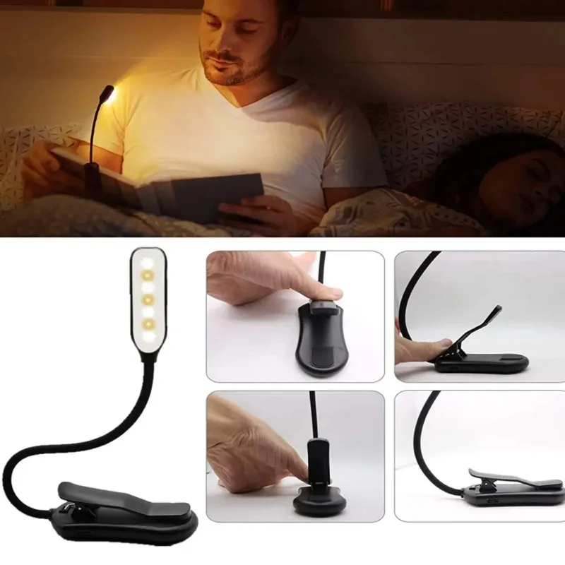 Мини-светильник для чтения Book Light с 7 светодиодами, перезаряжаемый, 3 уровня яркости (теплый, холодный, белый), гибкий, с креплением-клипсой, для чтения в постели