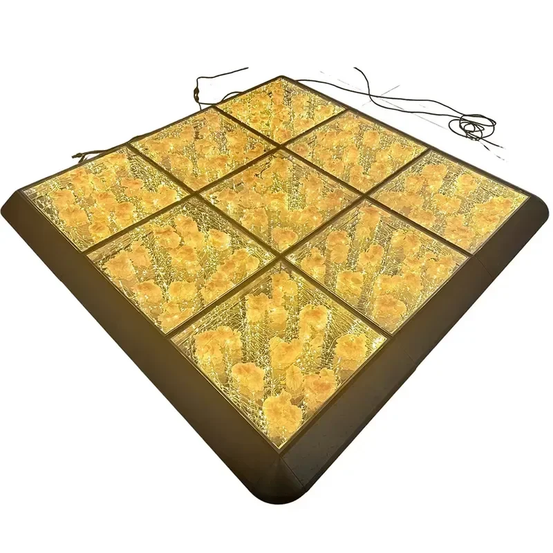 Hot Sale Golden Rose Flower Design Led Mirror Infinity Floor Light Stage Disco T-Stage Party Wedding Tempered Glass Dance