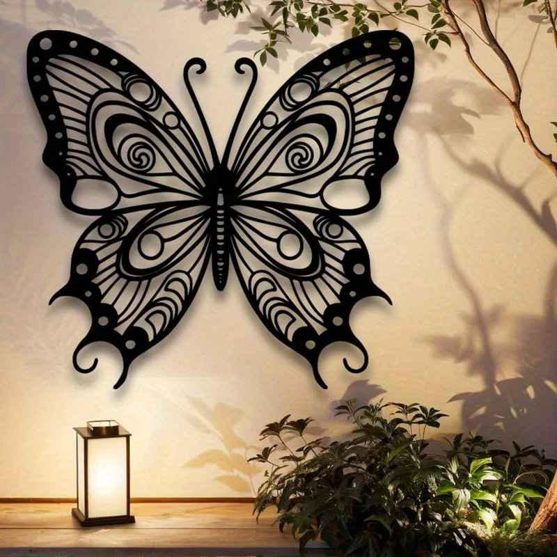 

2D Flat, Modern Minimalist Black & White Metal Butterfly Wall - 15.75" Elegant Iron Wing Sculpture, Indoor/Outdoor Suitable