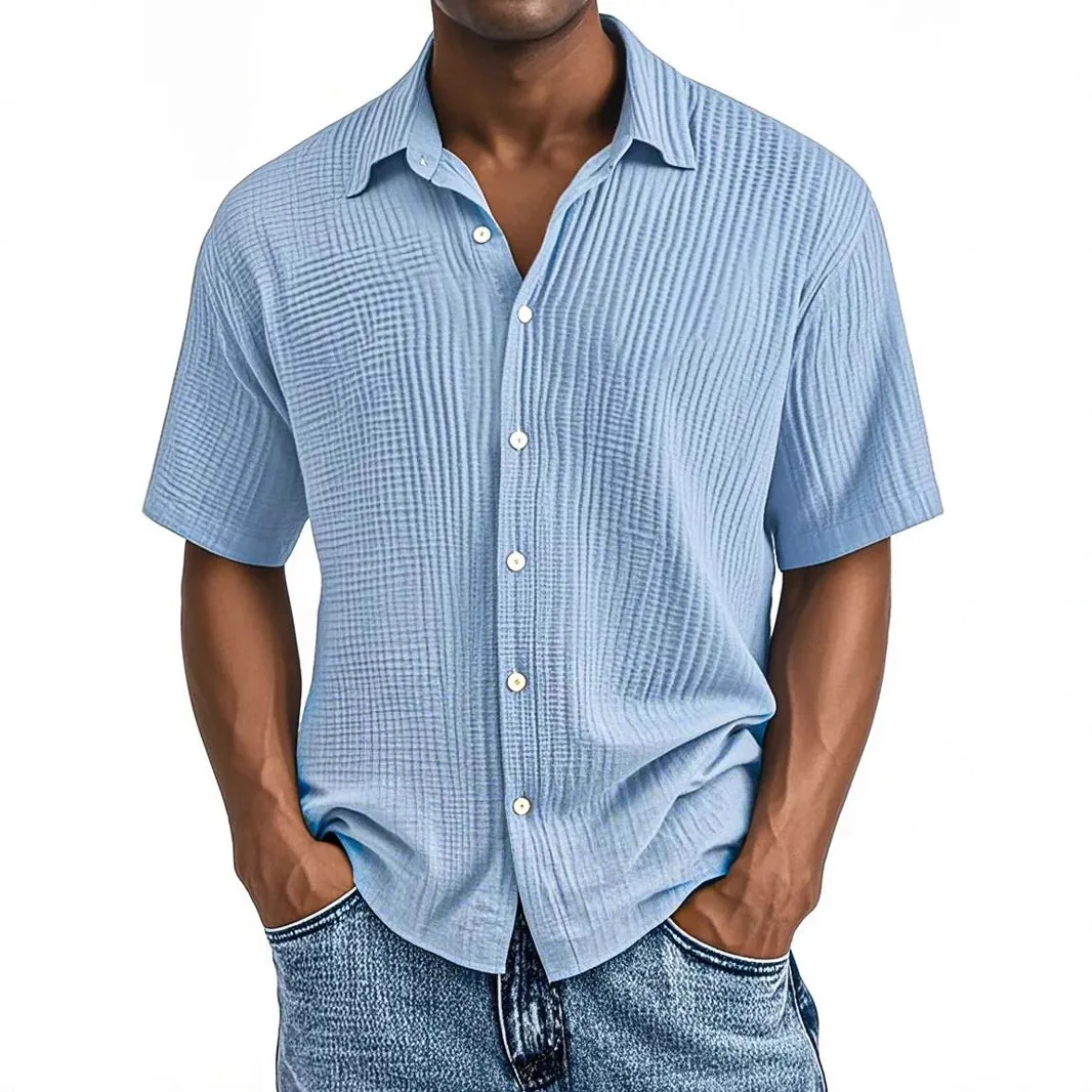 

2025 Spring and Summer European and American Men's Short-sleeved Lapel Shirt Double-layer Wrinkled Cloth Casual Shirt