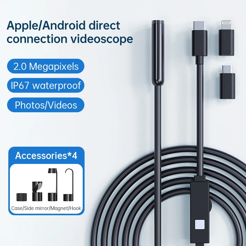 3.28 Ft Single/16.4 Ft Single/16.4 Ft Double/32.8 Ft Single Endoscope Camera with Light, 1080P HD Resolution, Adjustable Semi-rigid Cable Endoscope Suitable for Automotive Inspection, Connects To Smartphones/tablets (No External Adapter Required)
