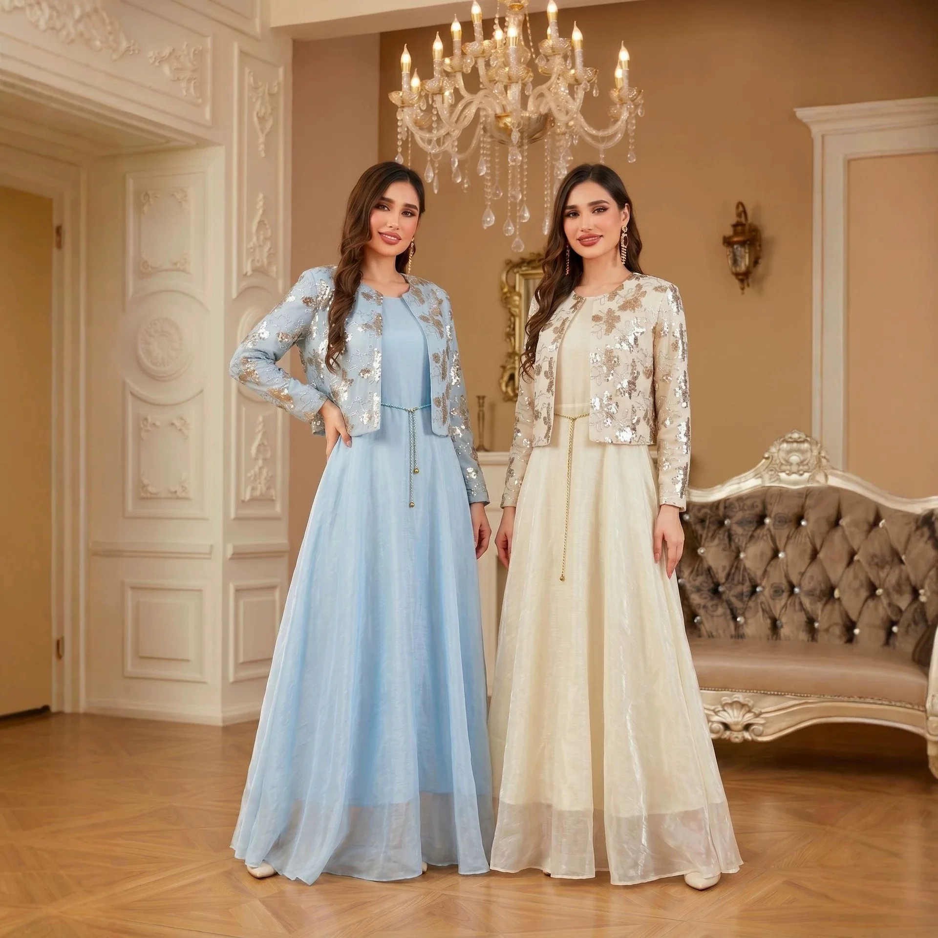 

New Fashion Luxury Sequin Beaded Embroidered Jacket With Fairy-like Mesh Skirt Set For Women Ramadan Dubai Luxury Islam Elegant