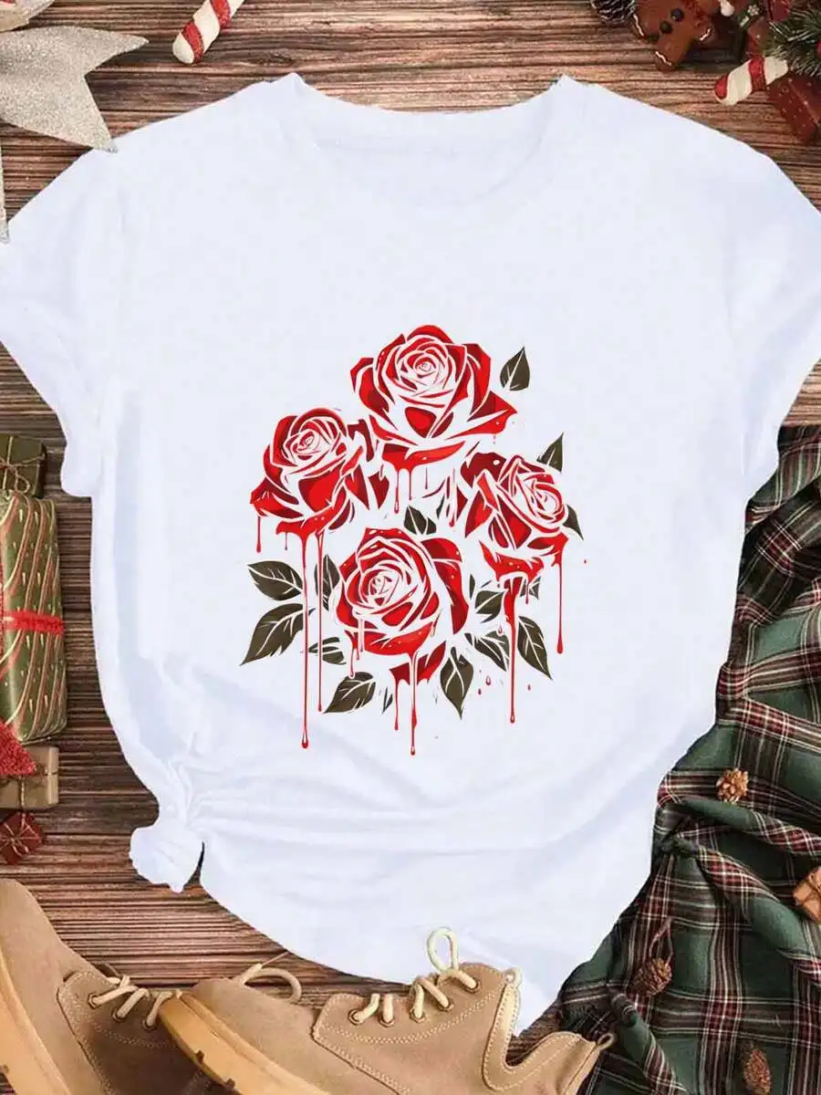 White Plus Size Women Crew Neck T‑Shirt, Valentine’s Day Red Rose Graphic Short Sleeve Casual Sports Tee, Romantic Holiday Gift For Her