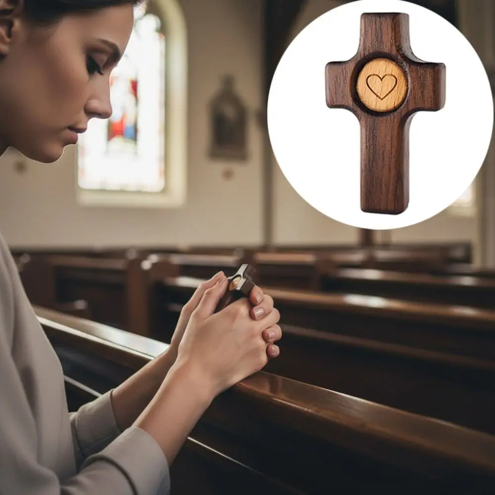 2 Piece Crafts Black Walnut Easter Pocket Cross Heart Pattern Mini Handheld Wooden Cross Comfort Holding Thumb Cross Church