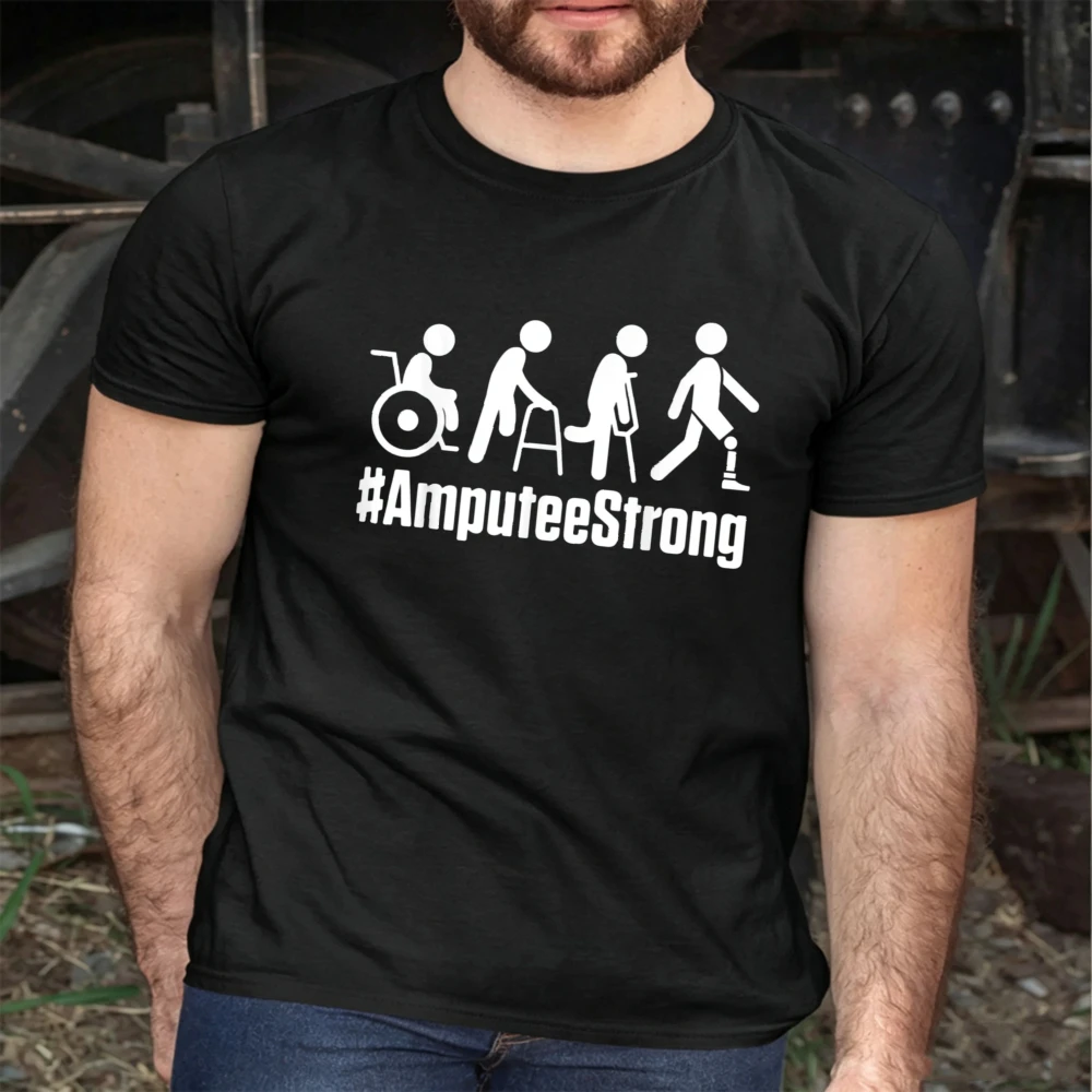 AmputeeStrong Motivational Amputee Pride Print Mens T‑Shirt Disability Recovery Strength Graphic Casual Fall Short Sleeve Top