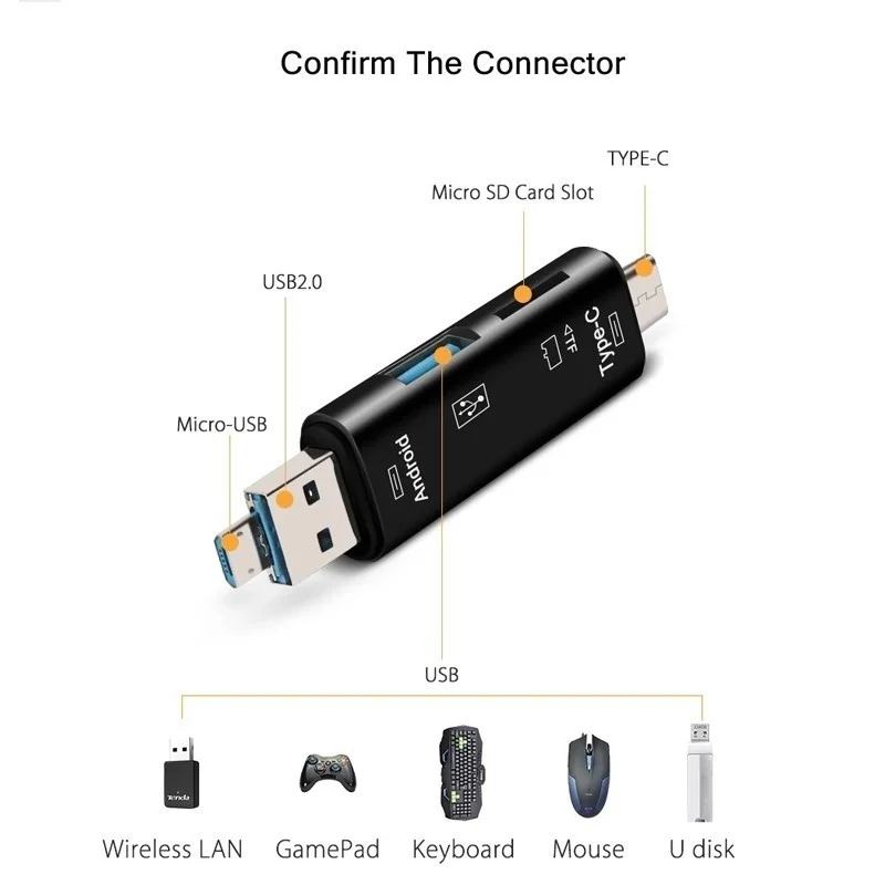 5 في 1 متعددة الوظائف Usb 2.0 نوع C/Usb/مايكرو Usb/Tf/SD قارئ بطاقات الذاكرة USB OTG قارئ بطاقات محول ملحقات الهاتف المحمول