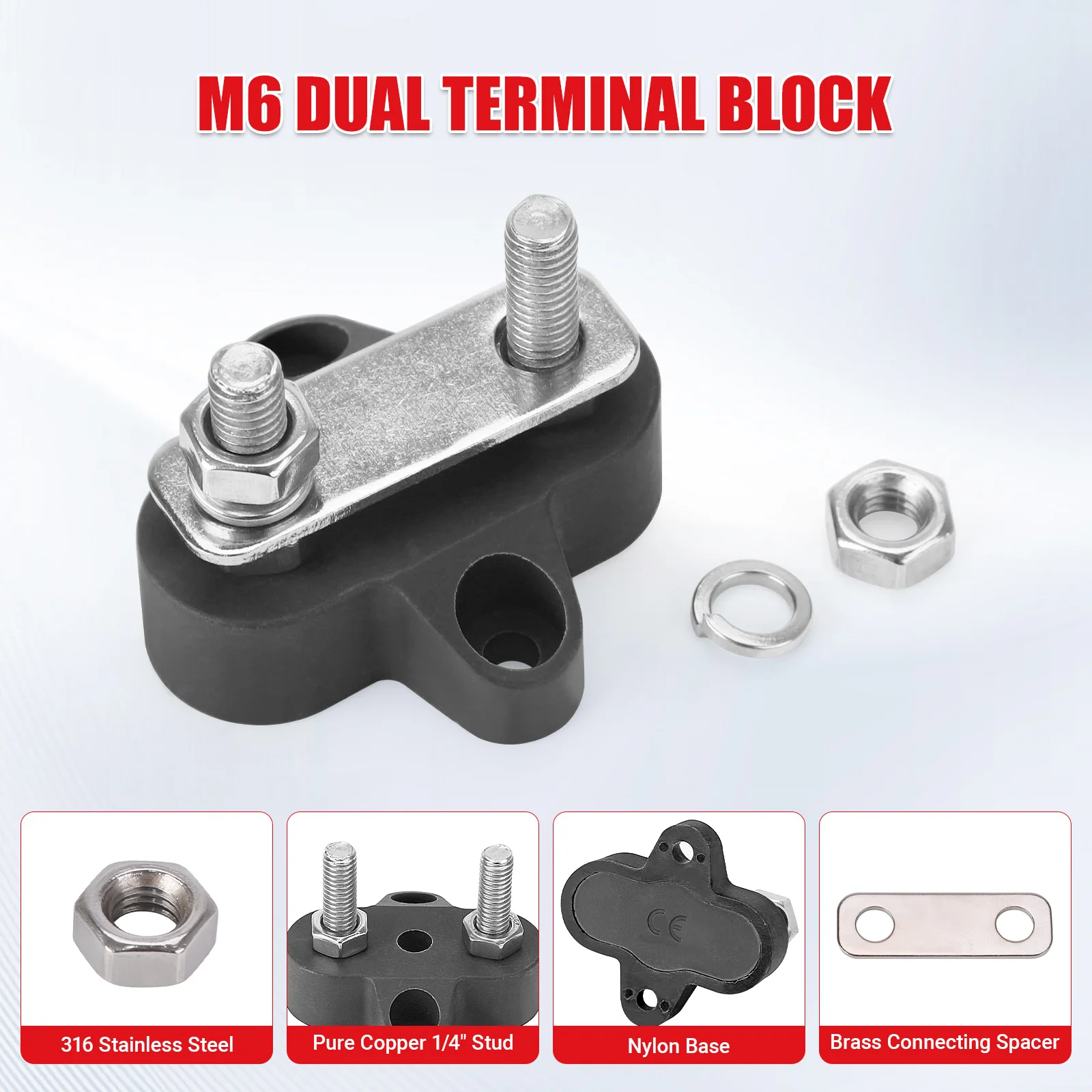 

Positive & Negative Ground Insulated Terminal Post Copper FOR Truck Car RV Boat Red Black M6 M8 Dual Terminal Studs 5/16" 48V