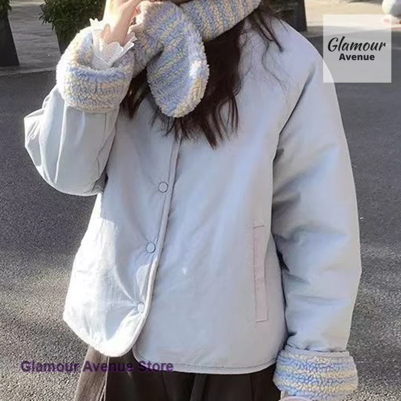 Korean sweet double-sided wear polar fleece cotton-padded jacket coat women's autumn and winter new scarf thickened Joker top.