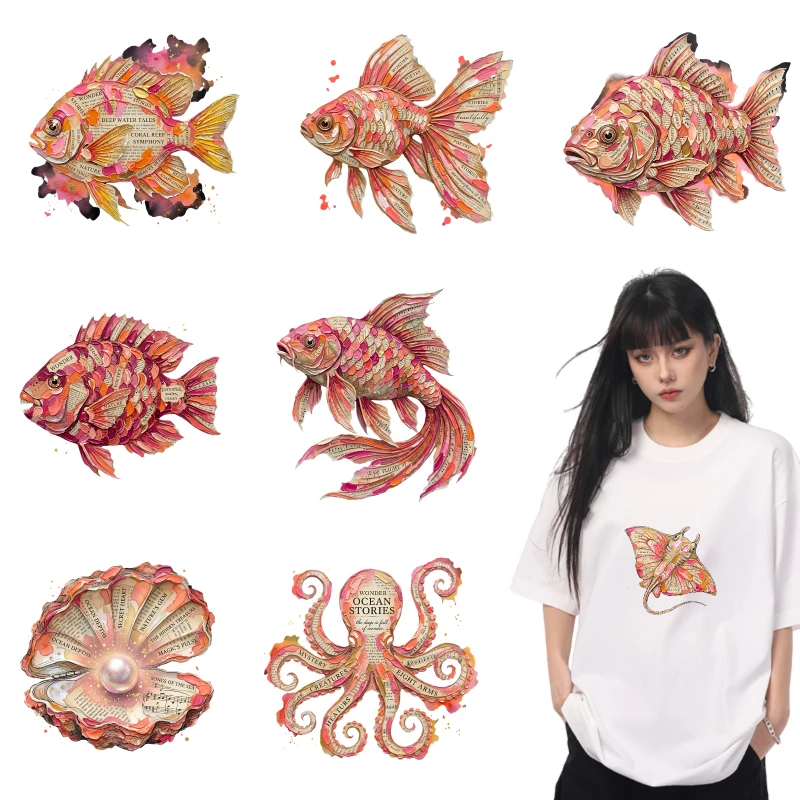 

2PCS Colorful Fish Shell Octopus Pattern iron on patches DTF Patches for clothes Iron-on transfers for clothing heat transfer