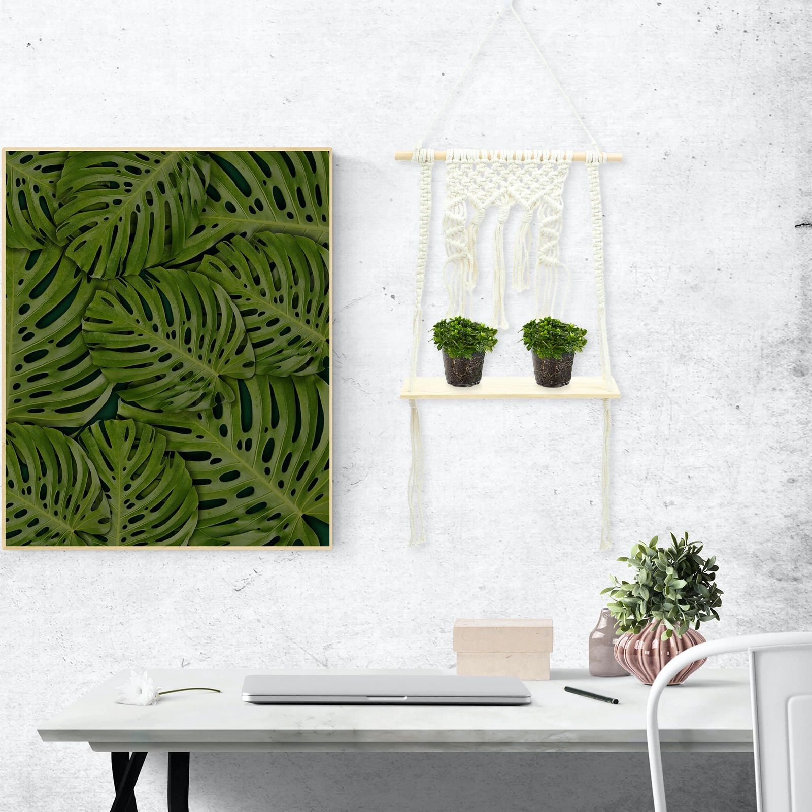 

2 tier Wooden Hanging Shelves 10x35cm Cotton Rope Macrame Wall Shelf Decor Storage Plant Bedroom Living Room Bohemian