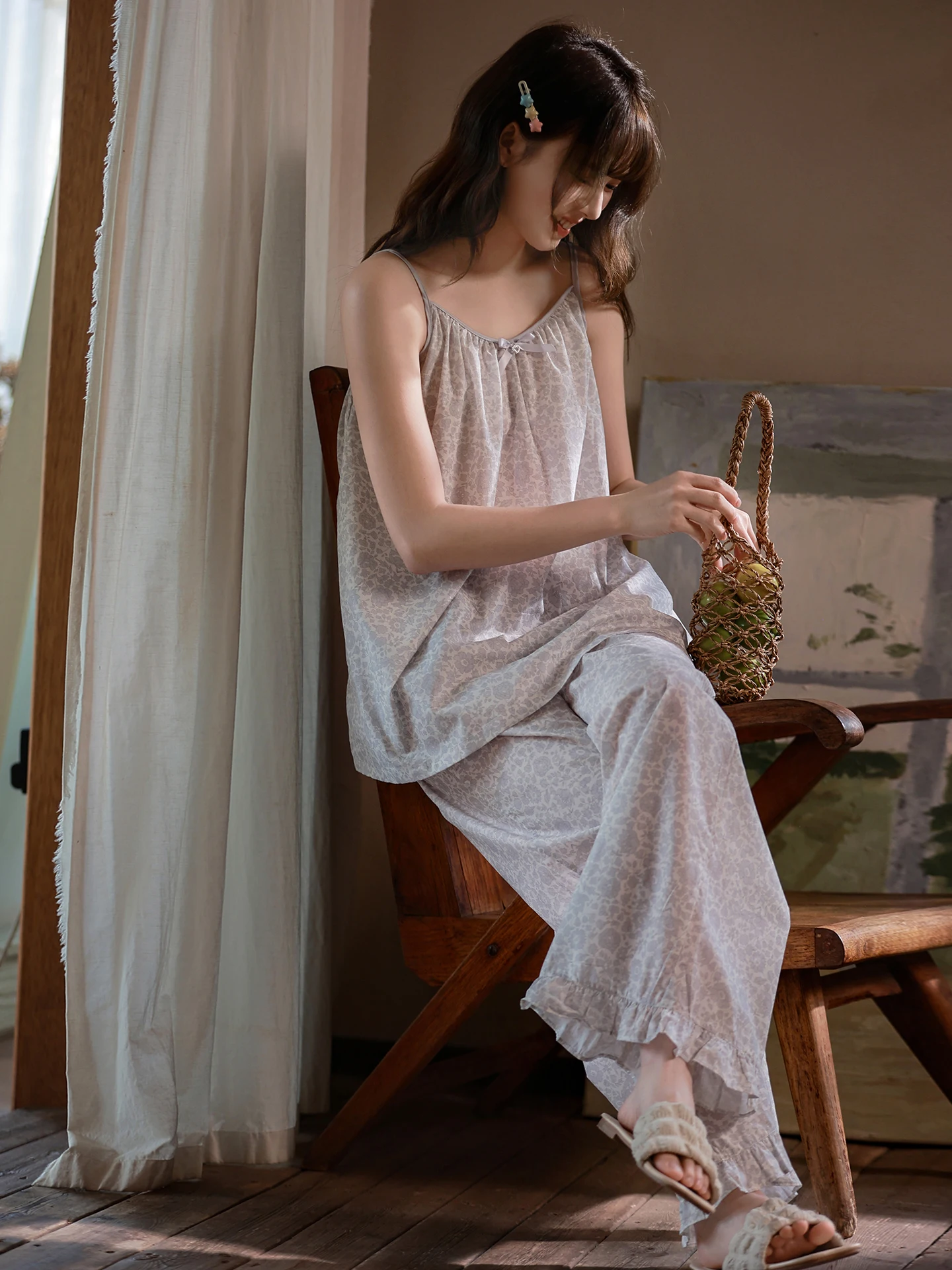 princess-mark-summer-vacation-style-woven-cotton-sleepwear-women's-sweet-purple-floral-print-strap-long-pants-outwear-home-cl