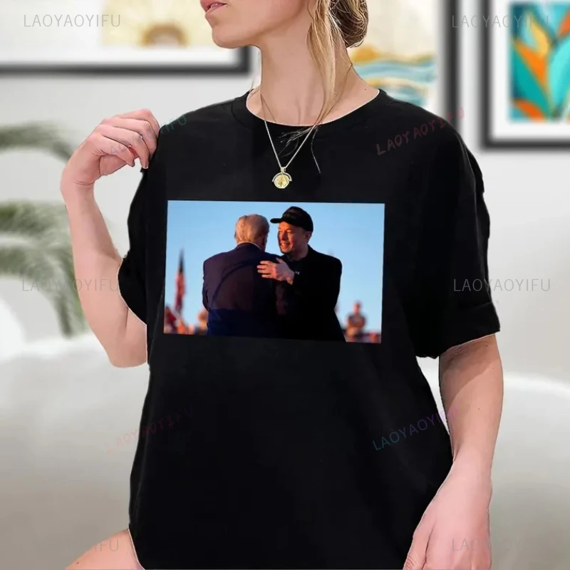 Elon Musk und Donald John Trump Hug T-Shirt Hochwertige Baumwolle Frau Mann Grafik T-Shirts Make America Great Again Kurzarm