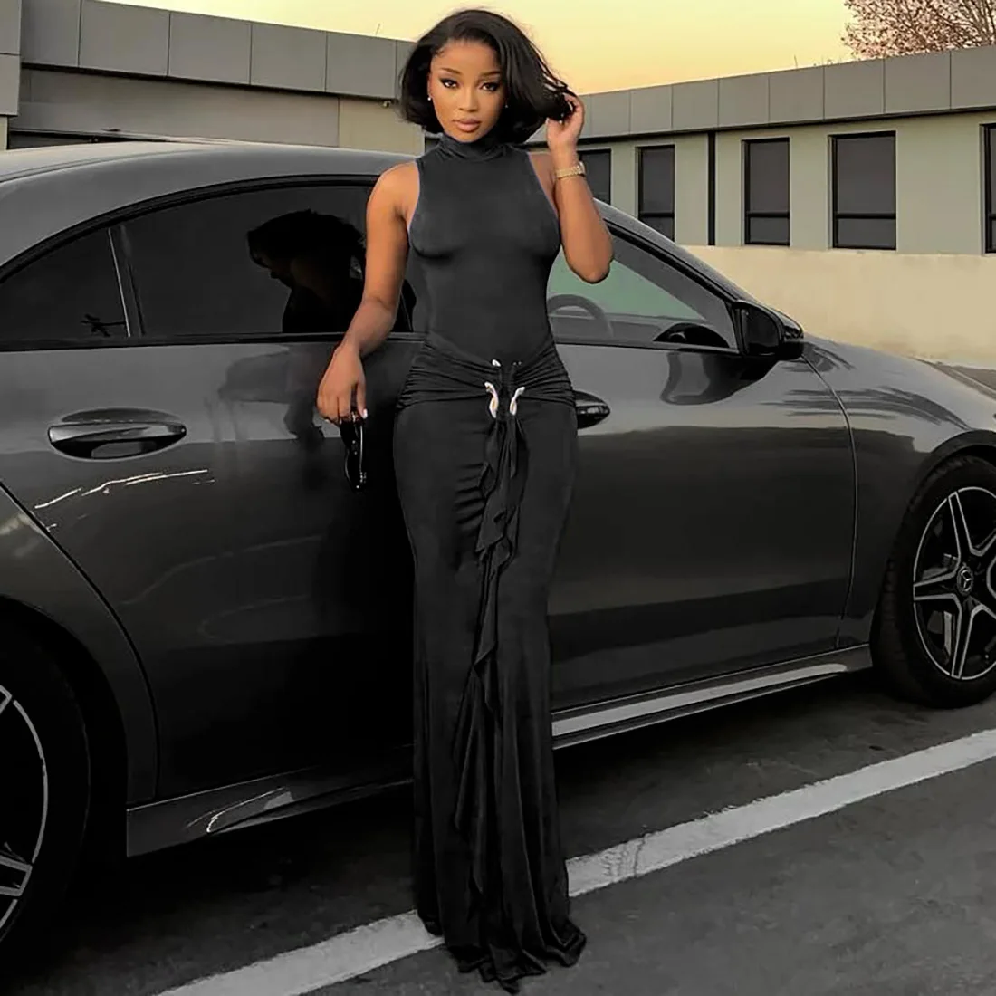 

Maxi Ruffle Dress Evening Club Prom Dresses 2025 Women Summer Sexy Bodycon Long Dresses Party Elegant Black Dress