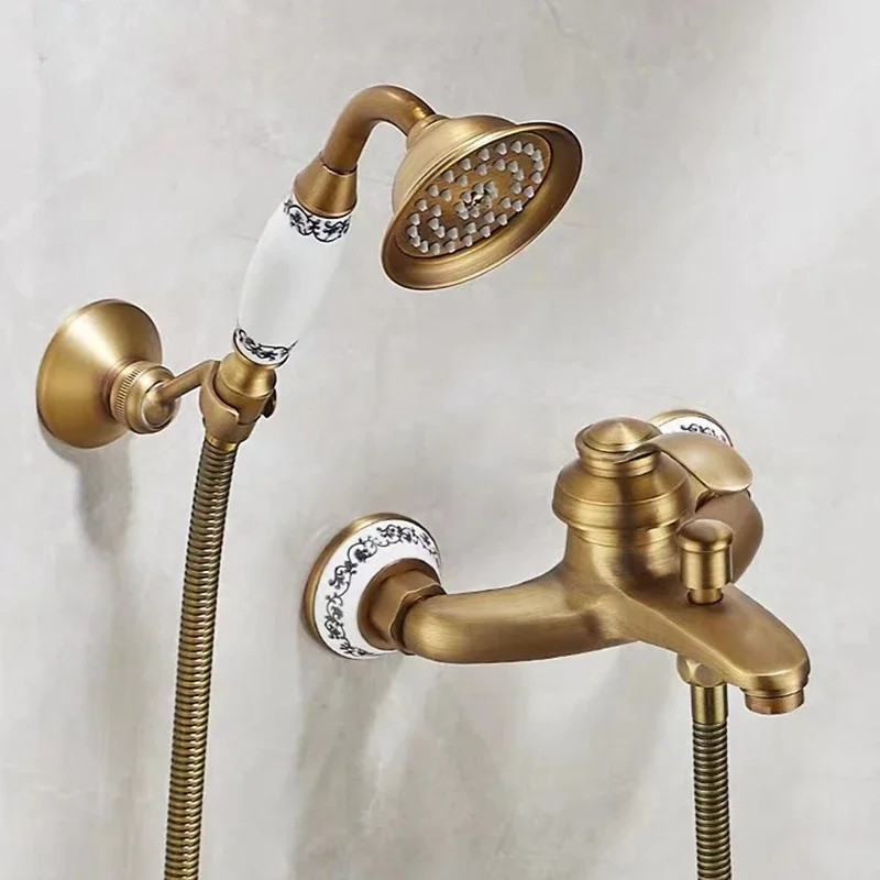 Antique Brass simple shower set without overhead spray handheld shower head household into the wall bathtub faucet
