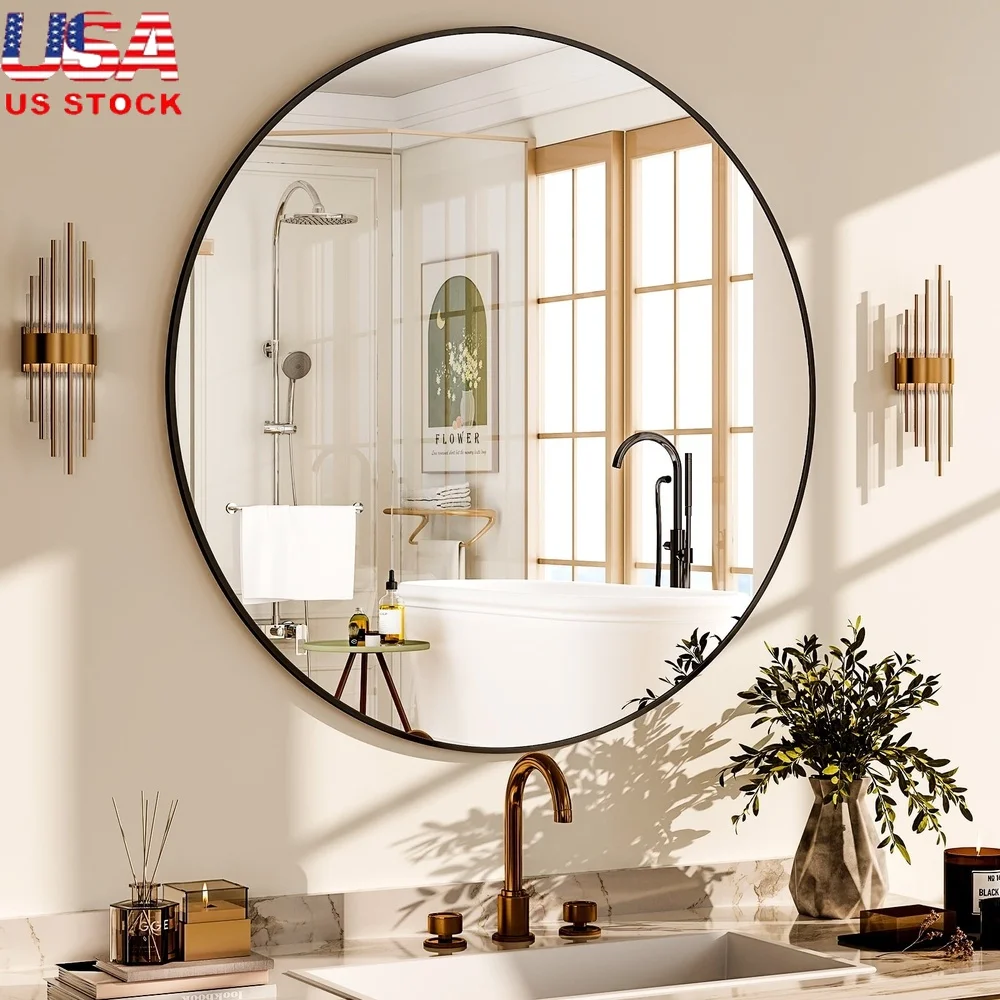 

30-дюймовое круглое зеркало для ванной комнаты, настенное зеркало высокого разрешения, стекло, алюминиевый сплав, небьющийся, водонепроницаемый, декоративный, для домашнего использования