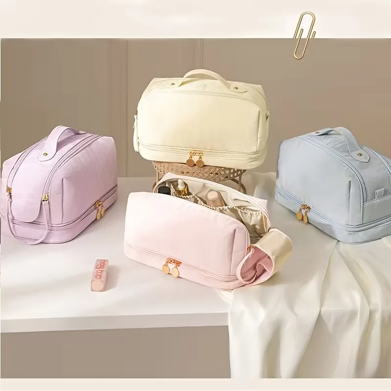 

Women Double Pull Double Layer PU Cosmetic Travel Bag Portable Storage Bag Large Capacity Waterproof Multi-Functional Bag
