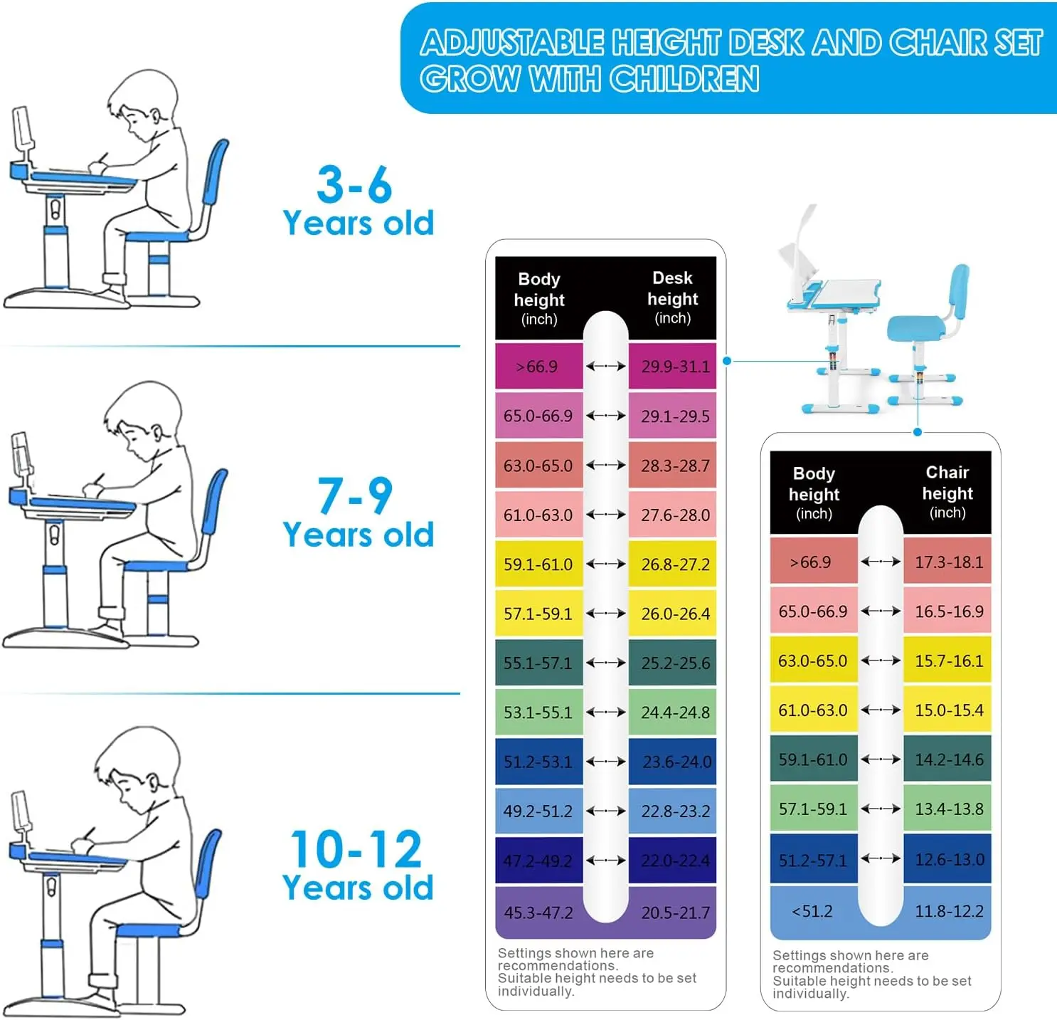 Altura ajustável Study Desk and Chair Set para crianças, mesa grande, quadro de escrita, mesa com lâmpada LED, pull out para crianças, mão