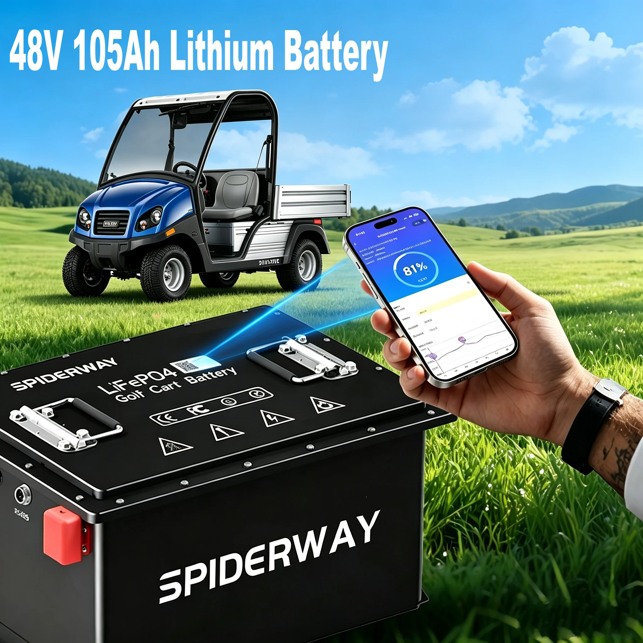 New 48V 105Ah 10.24kW Lithium Battery with 25A Charger & LCD Screen, 200BMS, 6000+ Clycles, for Club Car Carryall Transporter Golf Cart