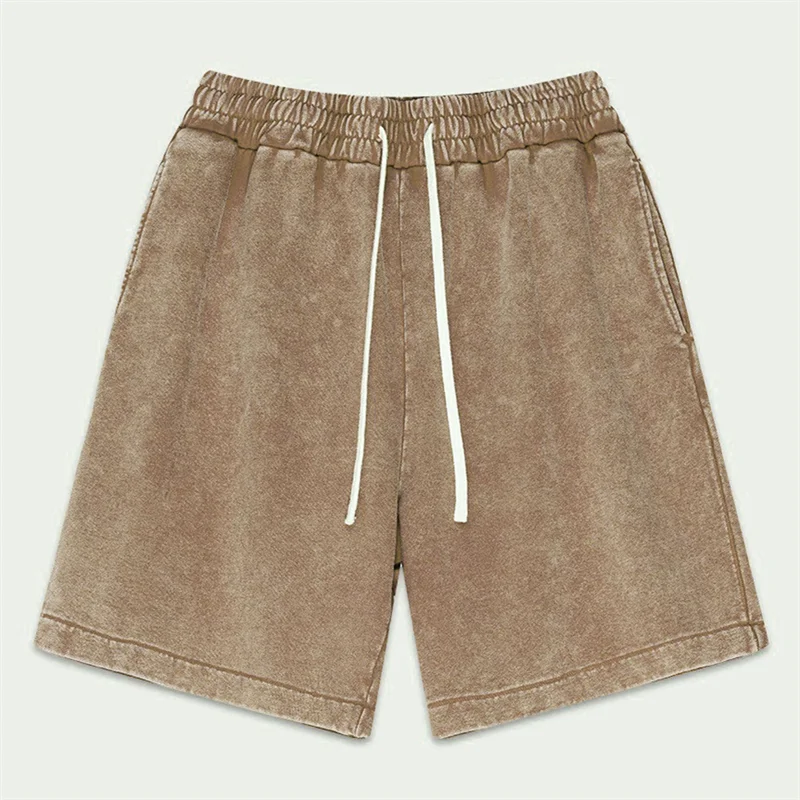 Men's Vintage Casual Shorts Solid Color Cotton Washed Straight Knee Length Pants Men Drawstring Couple Jogger Breathable Shorts
