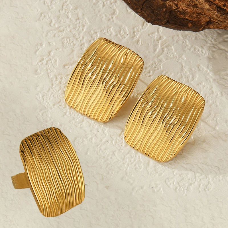 Simple Fashion Rectangular Stud Earrings Ring Gold Plated Stainless Steel Geometric Hammer Grain Jewelry Set For Women Gifts