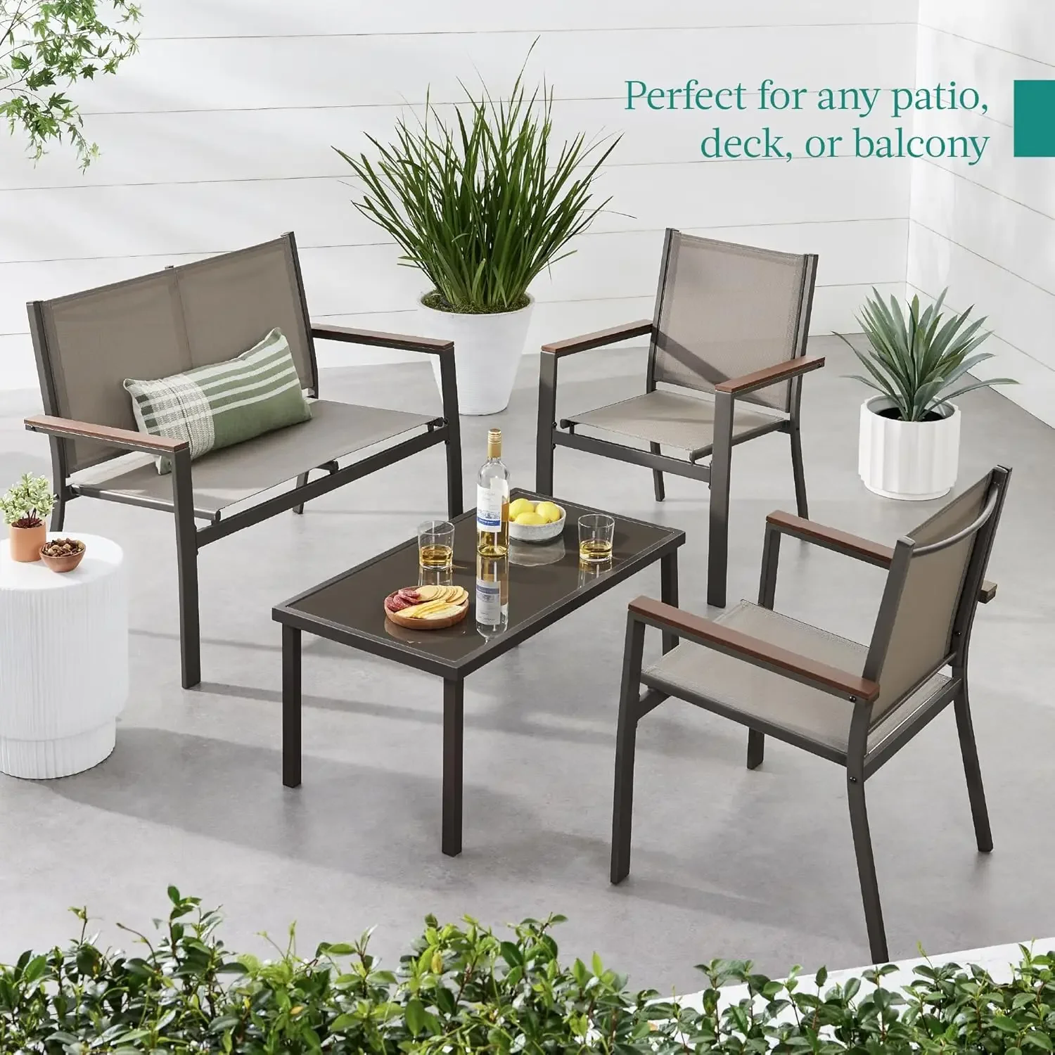 

4-Piece Outdoor Textilene Patio Conversation Set, Backyard Furniture w/Loveseat, Coffee Table, Steel Frame