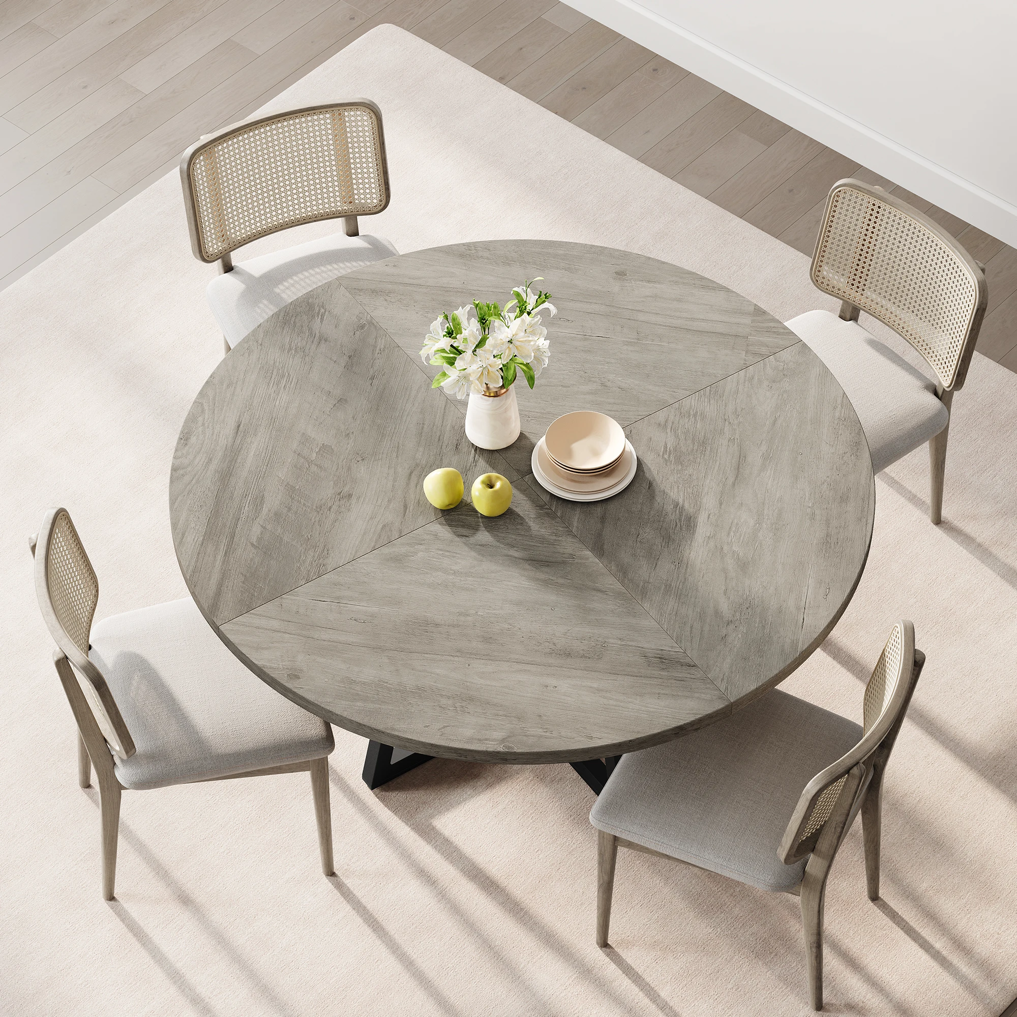 47-inch Round Large Dining Table, Wooden Kitchen Table for 4, Industrial Dinner Table with Wooden Top for kitchen