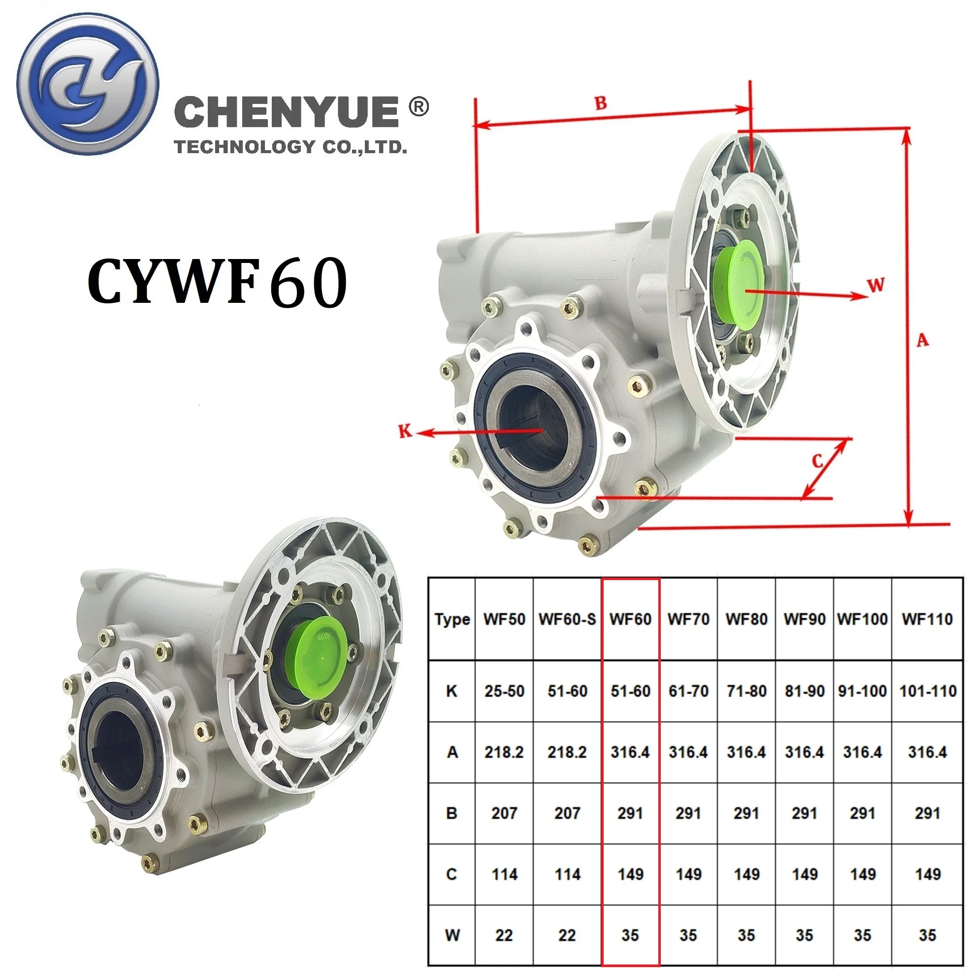 CHENYUE Large output Bore Worm Gearbox CYWF60 Input 35 Output 60 Ratio 5:1/100:1 Torque 200-647N.m Engine 7.5Kw Free Maintenance