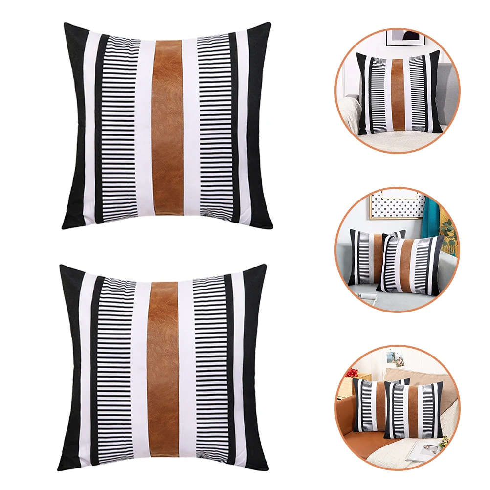 

2pcs Brown Printed Throw Pillow Covers PU Spliced Decorative Sofa Cushion Cases Easy Clean Household Bed Waist Pillows