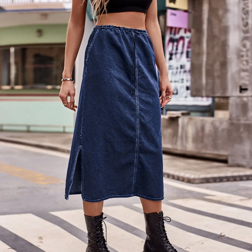 

Women's Semi-Elastic Waist Drawstring Denim Midi Skirt European And American Style Independent Station Fashion for