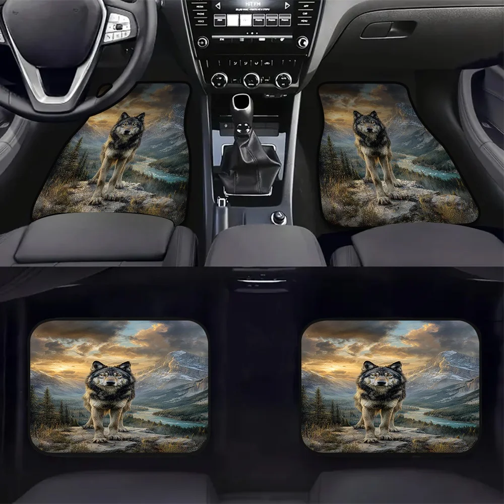 2D Flat Printing, 4-Pcs Wolf In Mountain Landscape Pattern Car Floor Mats, Polyester Floor Mats, Universal Fit For Car, SUV, And