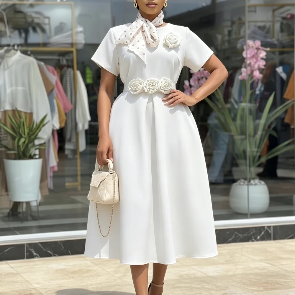 Elegantes Damen A-Linien-Plissee-Kleid mit O-Ausschnitt, Kurzen Ärmeln und 3D-Blumenmuster, Hohe Taille, Neues Sommerkleid für Partys, Formelle Anlässe und Kirche – Detail 5