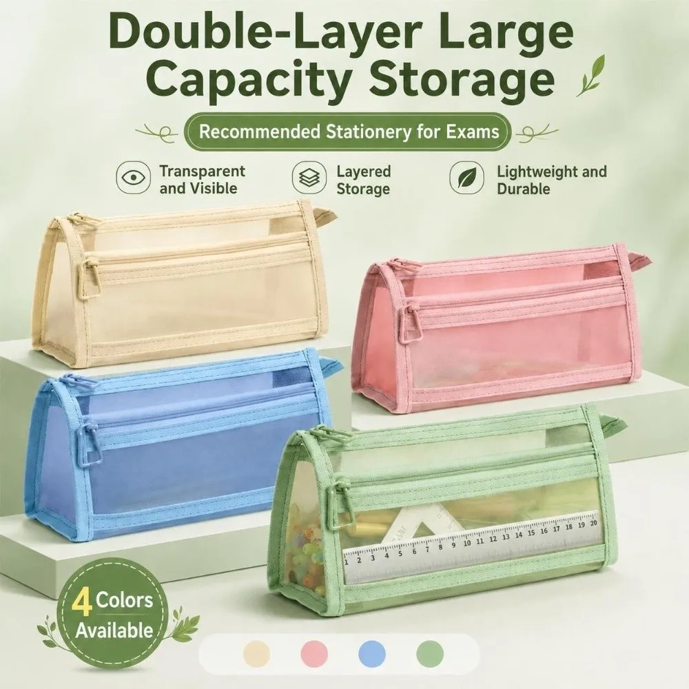 Durable Mesh Pencil Case Double Layers Large Capacity Pencil Pouch Transparent Stationery Storage Bag School Supplies