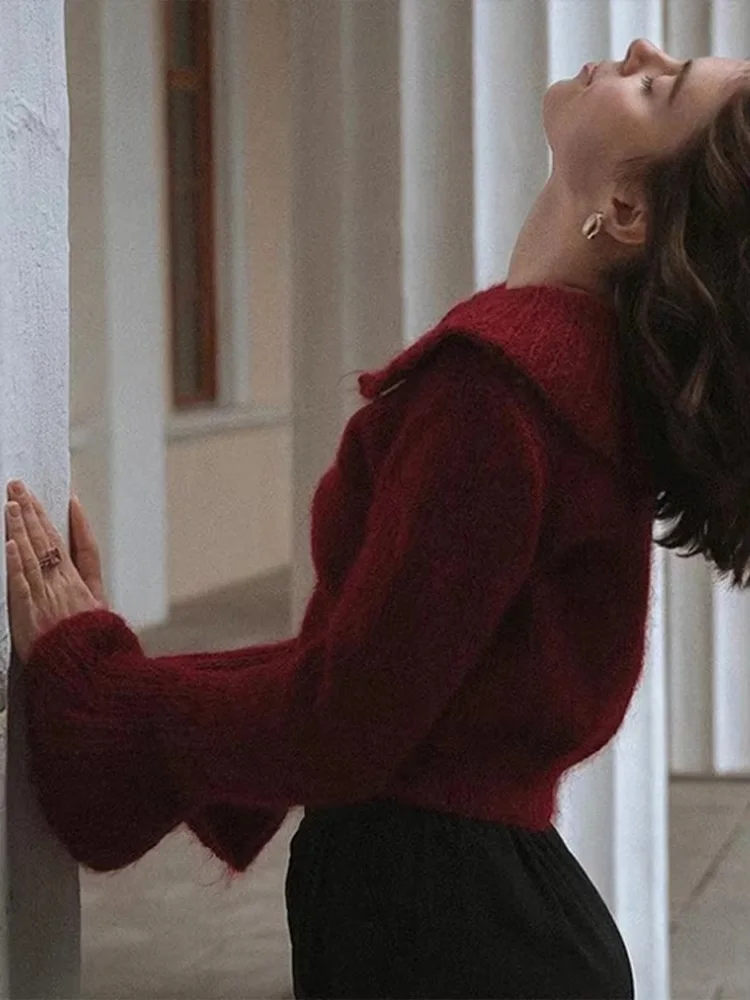 

Burgundy Knitted Cardigan For Women Long Sleeve Lapel Single Breasted Sweater 2025 Winter Autumn New Lady Fashion Knit Outerwear