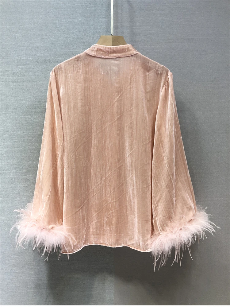 Ostrich Hair New Chinese Style Velvet Blouse for Women Spring and Autumn Detachable Long Sleeve Solid Color Loose Shirt