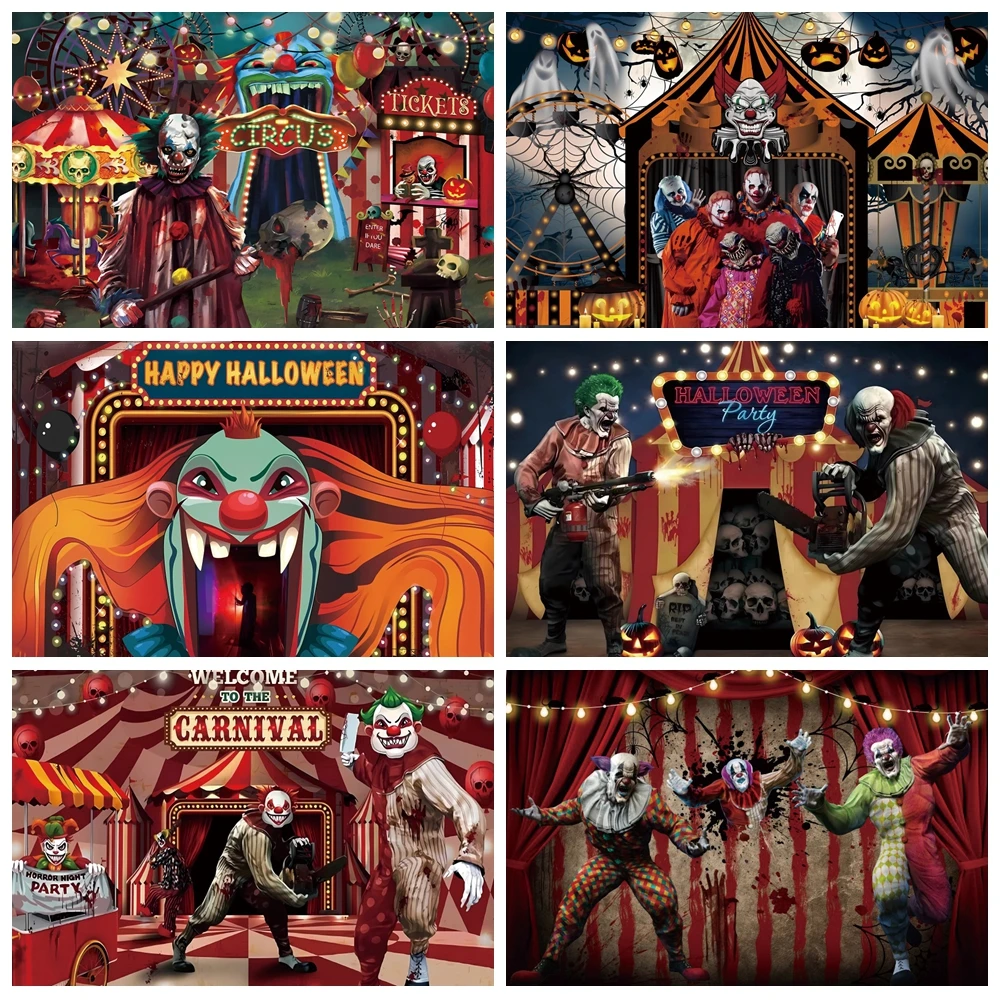 

Horror Circus Halloween Backdrop Horror Night Scary Circus Carnival Evil Clown Kids Birthday Party Photography Background Decor