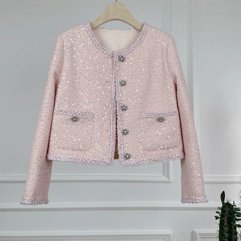 Women Elegant Pink Sweet Fragrance Coat Autumn Winter Round Neck Long Sleeve Sequins Loose High Quality Lady Tweed Shiny Jacket