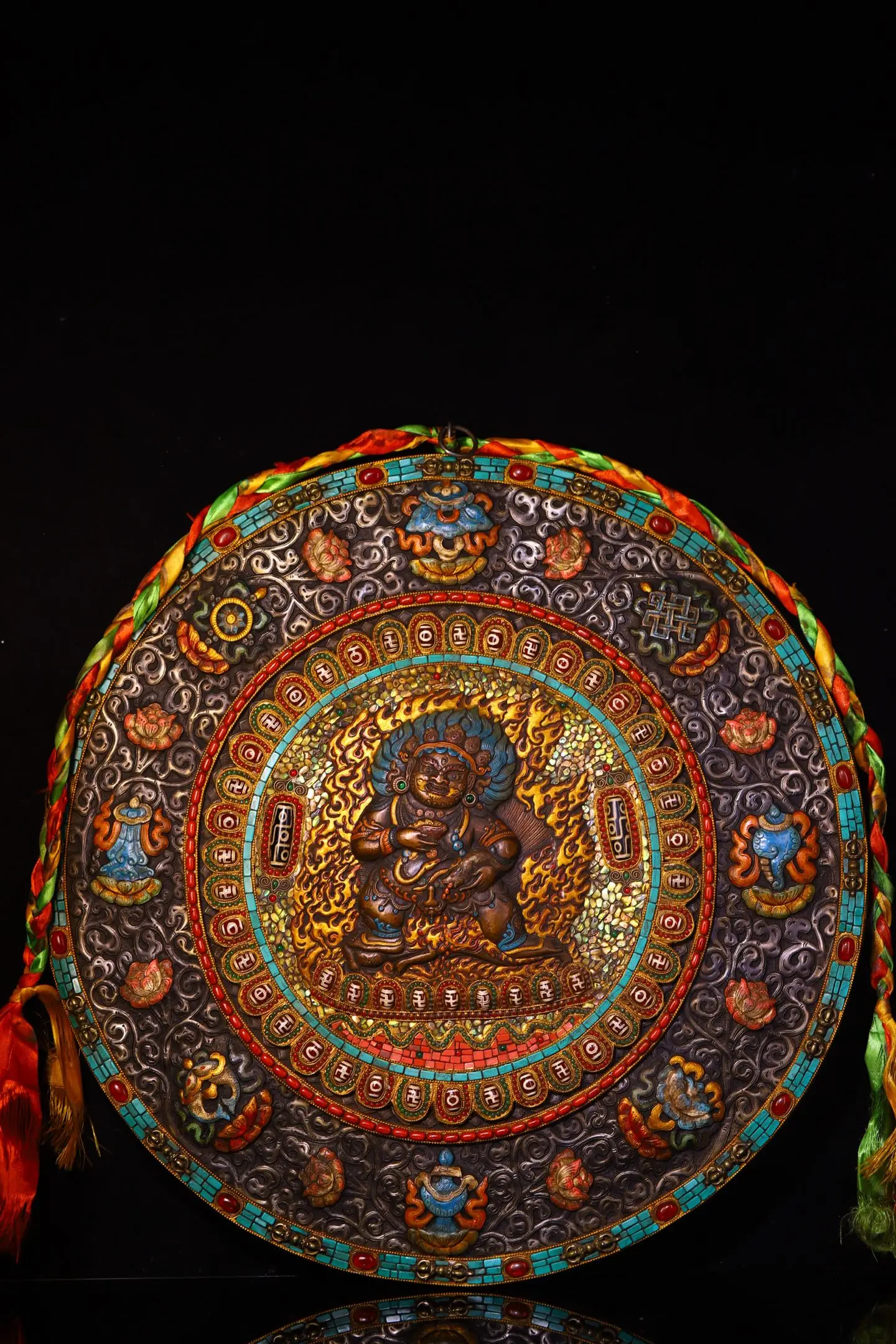 

20 "Старый Тианти, окрашенная мозаика, драгоценный камень, бусины gZi, бирюзовый, черный Будда Джамбала, Амитабха, Танка, подвесная панель, зал поклонения