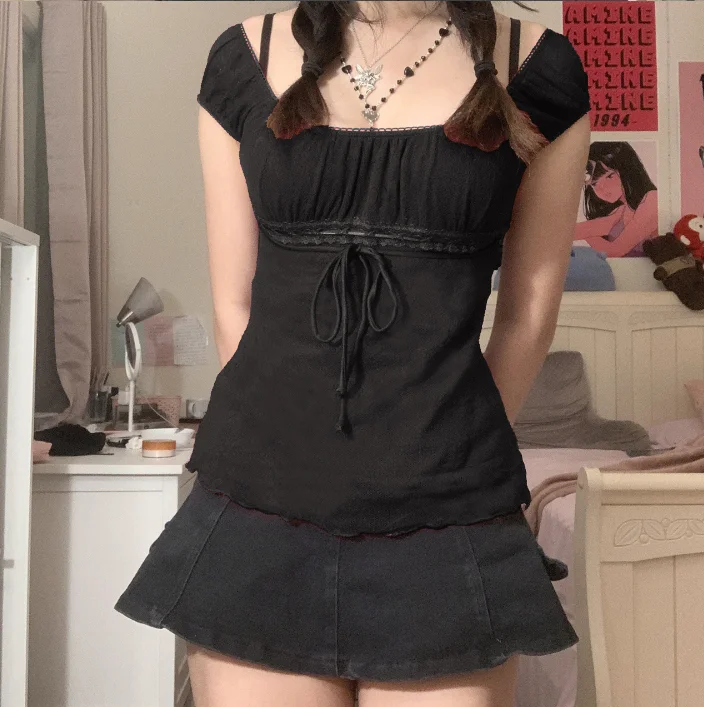 Elegant Lady Square Collar T-shirt Kawaii Bow Short Sleeve Pullovers Tees Y2K Vintage Fairy Women Crop Top Retro Clothes