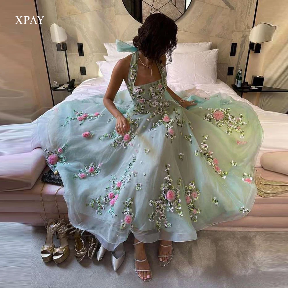 XPAY-vestidos de tul verde salvia para mujer, línea A, vestido de fiesta de noche, flores 3D, Halter elegante, vestidos de graduación, longitud hasta el tobillo, ocasión