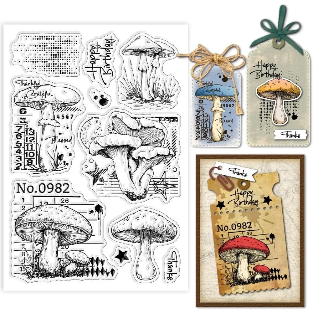 Vintage Mushrooms Clear Stamps Retro Texture Silicone Clear Stamp Seals Greeting Words Transparent Stamps for DIY Scrapbooking
