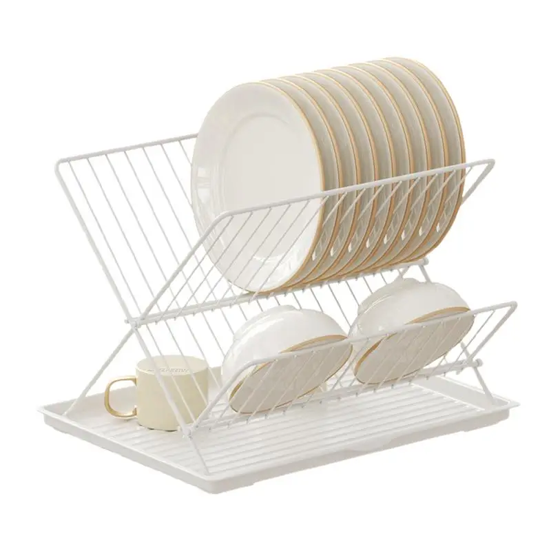 Foldable Dish Drying Rack Carbon Steel/Stainless Steel Dish Drainers For Kitchen Counter 2 Tier Detachable Water Catcher Tray Dr