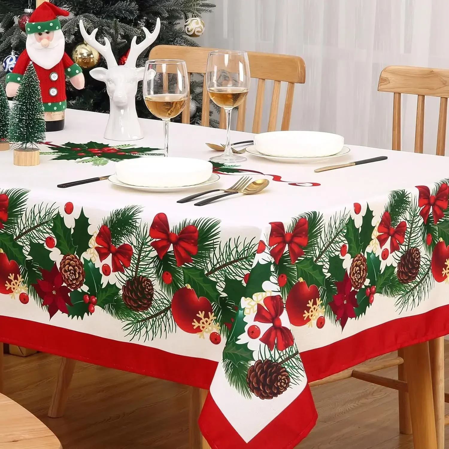 Christmas Greenery Waterproof Tablecloth Holiday Party Decor Winter Xmas Reusable Rectangle Tablecloth Christmas Decorations