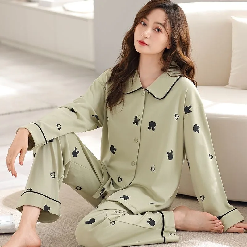 2024 New Women High-End Pure Cotton Pajamas Spring Autumn Long-Sleeved Casual Large Size Homewear Suit Loose Female Pajamas Set