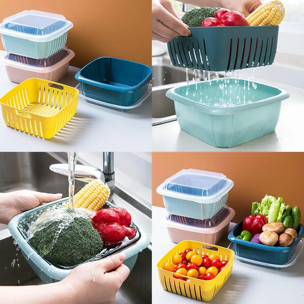 

Double Dishwashing Drain Basket With Lid Vegetable Preservation Box Storage Kitchen Basket Accessories Water Fruit T5B1