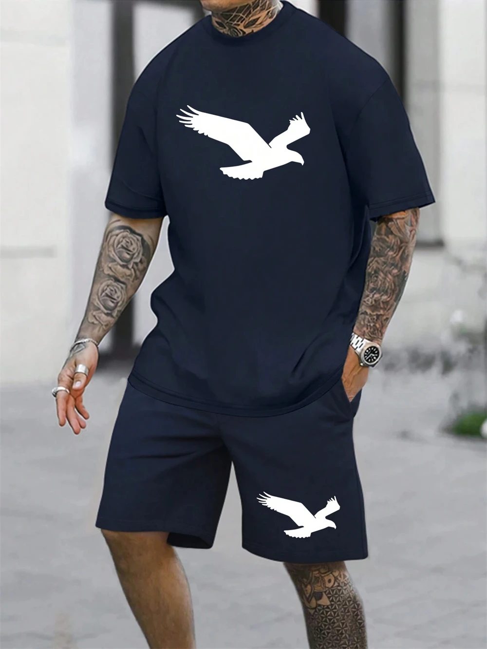 Men's New Summer Two-piece Set Eagle Pattern Simple Print Trend T-shirt Casual Suit Short Sleeve Color Shorts Men Wear Summer