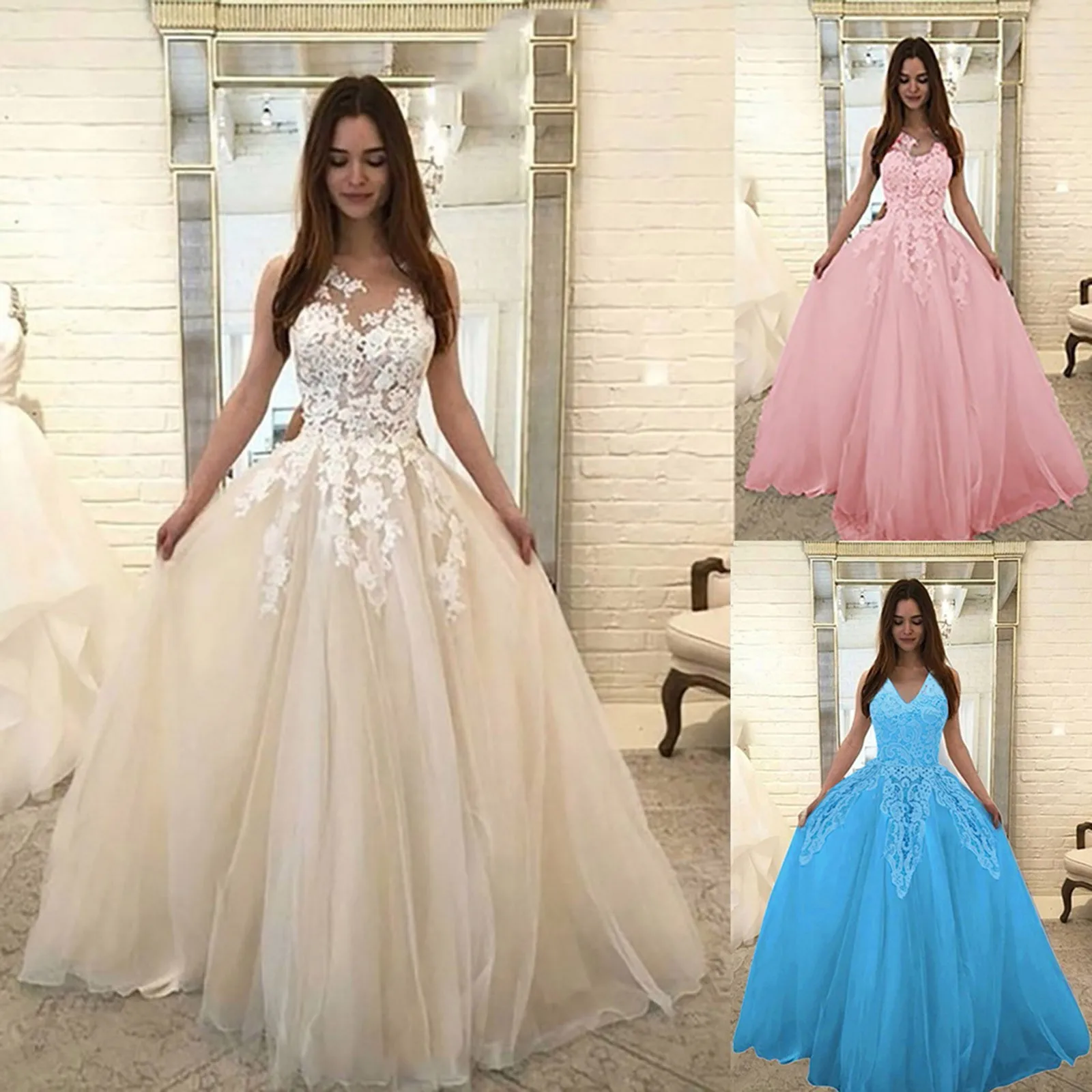 Women Floral Lace Pink Dress Wedding Elegant Chiffon Evening Party Maxi Dress Ball Gown V Neck Sleeveless Long Dress Vestidos