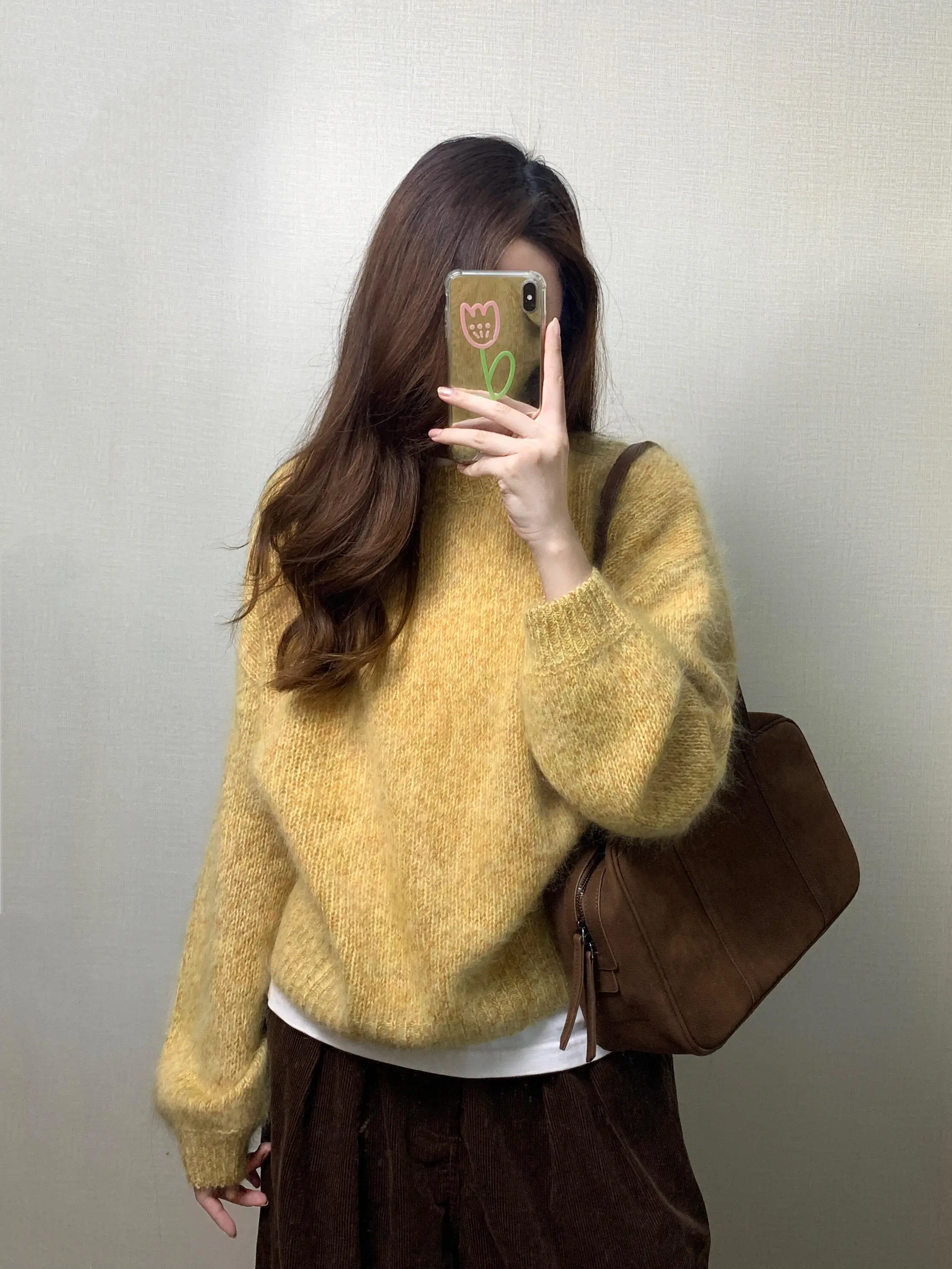 

Корейский женский вязаный свитер с длинными рукавами и круглым вырезом, свободного кроя, мягкий, уютный, осенне-зимний, стройнящий топ